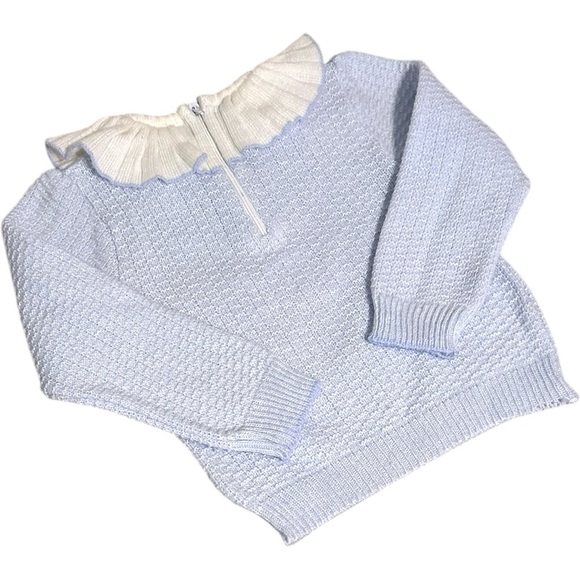 Vintage Girls’ Knit Sweater – Light Blue, Embroidered Detail, Ruffled Collar - Picture 2 of 3